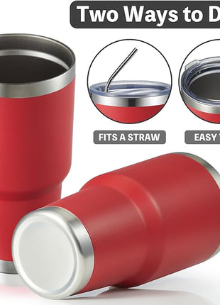 MEWAY 30oz Insulated Tumbler With Lids and Straws,Stainless Steel Double Vacuum Coffee Tumbler Cup, Brush, Durable Powder Coated Coffee Cup for Cold & Hot Drinks, Office, Travel(Coral red,4 PACK)