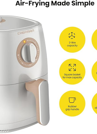 Chefman TurboFry 2-Quart Air Fryer, Dishwasher Safe Basket & Tray, Use Little to No Oil For Healthy Food, 60 Minute Timer, Fry Healthier Meals Fast, Heat And Power Indicator Light, Temp Control, White