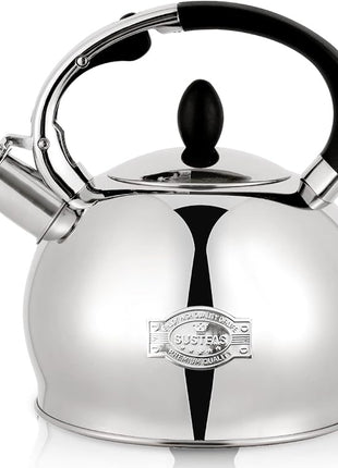 SUSTEAS Stove Top Whistling Tea Kettle - Food Grade Stainless Steel Teakettle Teapot with Cool Touch Ergonomic Handle, With 1 Silicone Pinch Mitt Included,2.64 Quart(SILVER)