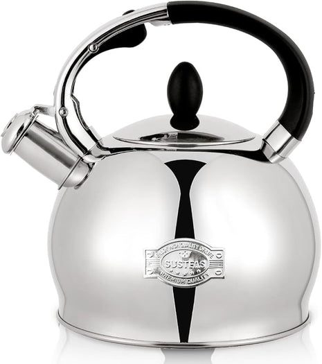 SUSTEAS Stove Top Whistling Tea Kettle - Food Grade Stainless Steel Teakettle Teapot with Cool Touch Ergonomic Handle, With 1 Silicone Pinch Mitt Included,2.64 Quart(SILVER)
