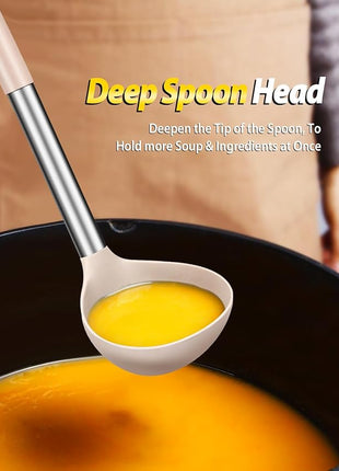 Silicone Pasta Fork and Ladle Spoon Set, Large Non Stick Kitchen Utensils for Cooking,Stirring,Serving Spaghetti, Soup, Sauce (KHAKI)