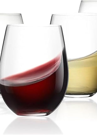 Stemless Wine Glass, Red & White 15oz Stemless Wine Glass Set of 4, Drink Glasses with Durable Chip Resistant Rim, Large Wine Glasses for Enhanced Aeration, Wine Accessories for Parties (15oz - 4Pack)