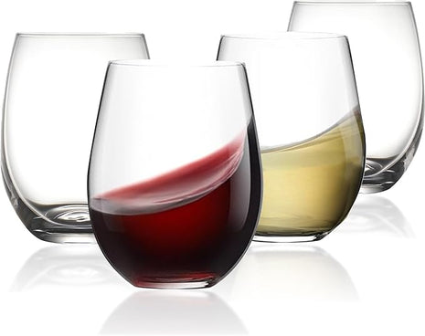 Stemless Wine Glass, Red & White 15oz Stemless Wine Glass Set of 4, Drink Glasses with Durable Chip Resistant Rim, Large Wine Glasses for Enhanced Aeration, Wine Accessories for Parties (15oz - 4Pack)