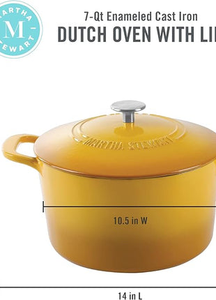 MARTHA STEWART Gatwick 7-Quart Enamel Cast Iron Dutch Oven Pot with Lid – Yellow – Heavy-Duty Dutch Oven for Slow Cooking, Braising & Baking