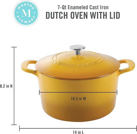 MARTHA STEWART Gatwick 7-Quart Enamel Cast Iron Dutch Oven Pot with Lid – Yellow – Heavy-Duty Dutch Oven for Slow Cooking, Braising & Baking