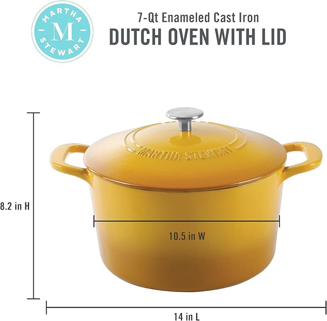 MARTHA STEWART Gatwick 7-Quart Enamel Cast Iron Dutch Oven Pot with Lid – Yellow – Heavy-Duty Dutch Oven for Slow Cooking, Braising & Baking