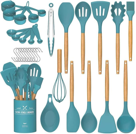 Umite Chef Kitchen Cooking Utensils Set, 33 pcs Non-stick Silicone Utensils Spatula Set with Holder, Silicone Kitchen Gadgets Utensil Set(Dark Blue)