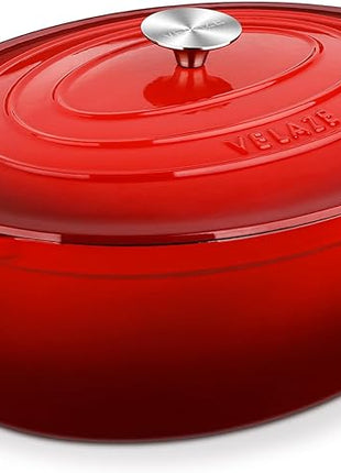 Velaze 7.5 QT Enameled Oval Dutch Oven Pot with Lid, Cast Iron Dutch Oven with Dual Handles for Bread Baking, Cooking, Frying, Non-stick Enamel Coated Cookware (RED)