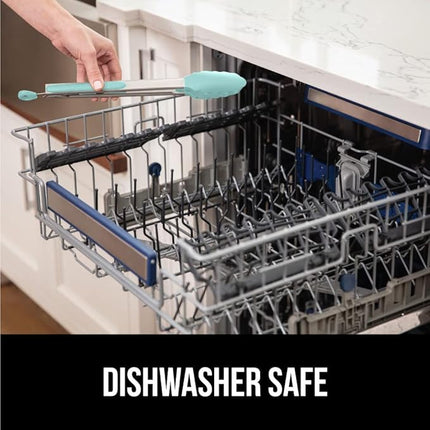 GORILLA GRIP Stainless Steel Heat Resistant Kitchen Tongs for Cooking, Set of 2 BBQ Tong, Non Scratch Silicone Tip for Pans, Strong Grip, Grab Food, Toss Salad, Air Fryer, Pull Lock, 7 + 9 Inch, Mint