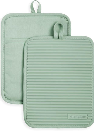 KitchenAid Ribbed Soft Silicone Pot Holder 2-Pack Set, Pistachio Green, 7"x9"