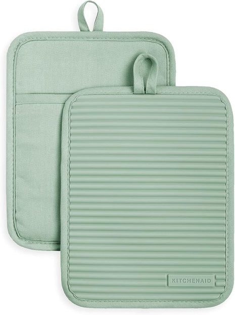 KitchenAid Ribbed Soft Silicone Pot Holder 2-Pack Set, Pistachio Green, 7"x9"