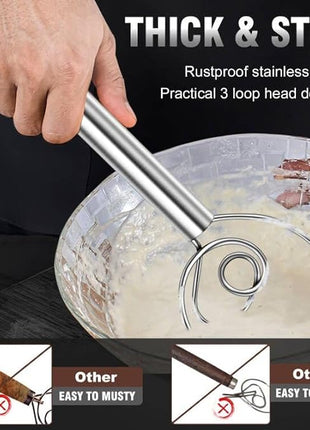 Walfos Danish Dough Whisks, Rustproof Stainless Steel Bread Whisk, Quick Mixing Bread Mixer, Dutch Dough Whisk for Cooking, Blending, Whisking, Stirring, Sourdough, Pizza, Pastry, Cake Batter（2pcs)