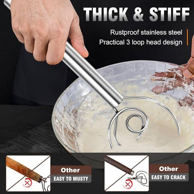 Walfos Danish Dough Whisks, Rustproof Stainless Steel Bread Whisk, Quick Mixing Bread Mixer, Dutch Dough Whisk for Cooking, Blending, Whisking, Stirring, Sourdough, Pizza, Pastry, Cake Batter（2pcs)