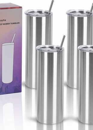 4 Pack 20 Oz Straight Skinny Tumblers,Individually Gift Boxed Stainless Steel Slim Skinny Tumbler Set Bulk, 20 Oz Insulated Slim Thin Travel Tumbler Cup for Diy, Silver