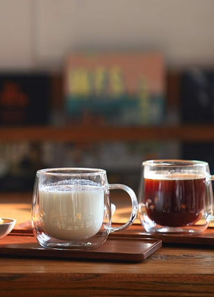 CNGLASS 10oz Double Walled Glass Coffee Mugs(2-pack),Clear Coffee Cups with Handle,Glass Espresso Mugs for Latte,Cappuccino,Tea