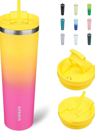BJPKPK 34oz Stainless Steel Insulated Tumbler With lid And Straw Travel Coffee Thermal Tumblers Cup For Women And Men,Pink Yellow Rose