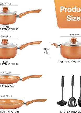 Pots and Pans Set Ultra Nonstick, Pre-Installed 11pcs Cookware Set Copper with Ceramic Coating, Stay cool handle & Nylon Kitchen Utensils, Gas/Induction Compatible, 100% PFOA Free