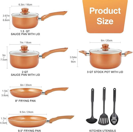 Pots and Pans Set Ultra Nonstick, Pre-Installed 11pcs Cookware Set Copper with Ceramic Coating, Stay cool handle & Nylon Kitchen Utensils, Gas/Induction Compatible, 100% PFOA Free