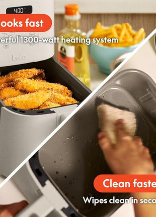 bella 4Qt Slim Air Fryer, Fits-anywhere™ Kitchenware, EverGood™ Ceramic Nonstick Coating, Adjustable Temperature, 6 Preset Cooking Options, 60 Min Auto Shutoff w Audible Tone, 3.3lb Capacity, Oatmilk
