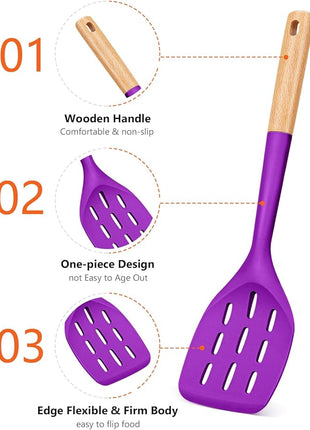 Pack of 2 Silicone Spatula, Non Stick Cooking Utensil Set, Wooden Handle Kitchen Turner for Baking Mixing Grilling Serving Food Heat Resistant (BERRY)