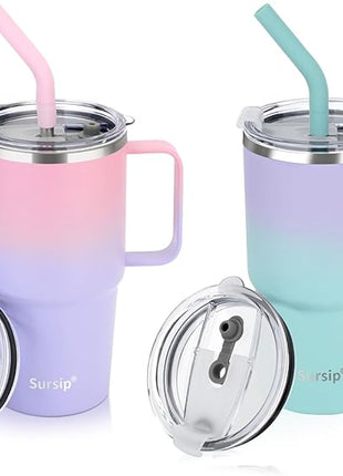 Sursip Kids 24 oz Insulated Cup with Handle, Double Wall Vacuum Stainless Steel Tumbler with Straw and 2 Lids, for Cold/Hot Drinks, Coffee Travel Mug for Car/Home/Office/Party/Camping (2 Pack)