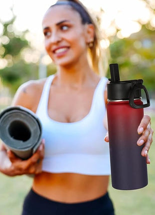 Volhoply 18oz Kids Insulated Water Bottle,Stainless Steel Water Bottles with Straw Lid,Double Wall Vacuum Metal Sports Water Flask,Wide Mouth Reusable Travel Cups For Cold Drink(Red Purple,1 Set)