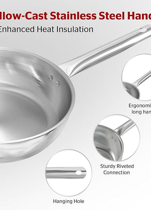 SUNHOUSE 11 Inch Tri-Ply Stainless Steel Frying Pan, Whole-Clad No Coatings Skillet with Stay-cool Handle for Cooking, Durable & Oven Safe to 500°F, Dishwasher Safe, Compatible with All Cooktops