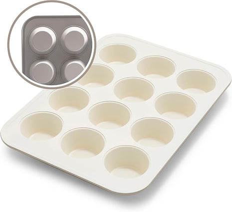 GreenLife 12-Cup Muffin Pan, PFAS-Free Healthy Nonstick Baking Tray, 11.4" x 1.9" x 15.9", Durable Ceramic Bakeware, Cupcakes, Egg Bites, Tarts, Brownies, Taupe