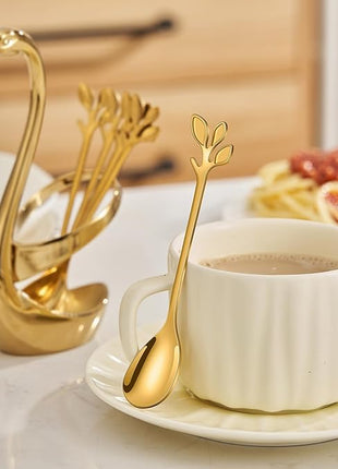 AnSaw Gold Small Coffee Spoon Holder Set,Swan Base With 10 Pcs Demitasse Espresso Spoons Set,4.7" Mini Leaf Dessert Spoon,Stainless Steel Tea Spoons