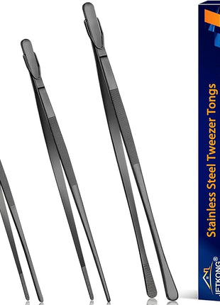JETKONG 3 Pcs Kitchen Tweezers Tongs, Stainless Steel Cooking Tweezers, 8+10+12 Inch Ideal for meat, pasta, plating and pinching delicate small pieces of food (Black)