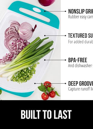 GORILLA GRIP BPA-Free Reversible Kitchen Cutting Board Set of 3, US Designed, Nonporous, Juice Grooves Catch Liquid, Slip Resistant Border, Dishwasher Safe Durable Large Food Chopping Boards Turquoise