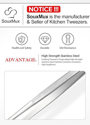 2 Pcs 10-inch Cooking Tweezers Tongs Precision Serrated Tips, Stainless Steel Professional Chef Tweezer Kitchen Tools for BBQ, Plating and Serving (Silver)