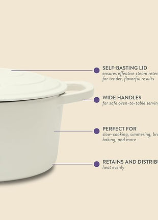 Crock Pot Artisan 7-Quart Oval Dutch Oven With Lid, Enameled Cast Iron, Linen White With Gold Knob, Heavy-Duty Cookware for Baking, Braising, Roasting & Slow Cooking