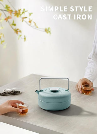 Toptier Teapot with Removable Infuser, Cast Iron Tea Kettle Stovetop Safe, Solid Geometry Cylinder Design Tea Pot Coated with Enameled Interior for 27 Ounce (800 ml), Babyblue