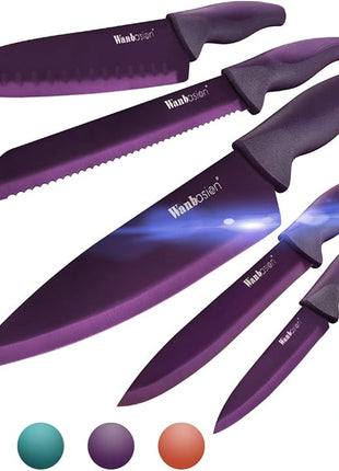 Wanbasion Purple Professional Kitchen Knife Chef Set, Stainless Steel, Dishwasher Safe with Covers