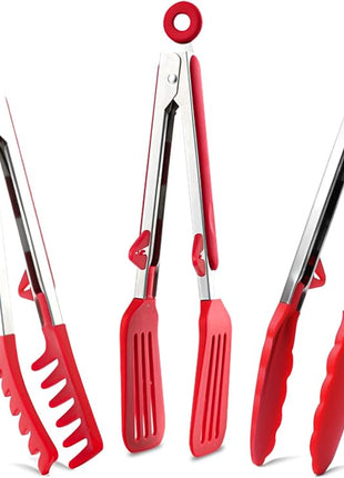 Kitchen Tongs, 9 Inch Tongs for Cooking with Silicone Tips, Food Grade Mini Serving Tong for Nonstick Pans, BBQ, Salad, Set of 3, Red
