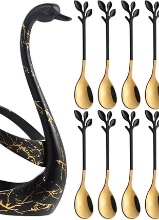 AnSaw Small Coffee Spoon Holder Set,Black Swan Base With 10 Pcs Black & Gold Demitasse Espresso Spoons Set,4.7" Mini Leaf Dessert Spoon,Stainless Steel Tea Spoons