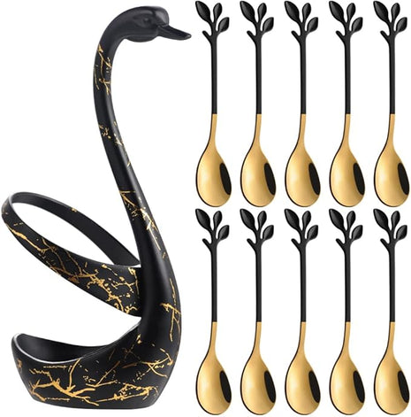 AnSaw Small Coffee Spoon Holder Set,Black Swan Base With 10 Pcs Black & Gold Demitasse Espresso Spoons Set,4.7" Mini Leaf Dessert Spoon,Stainless Steel Tea Spoons
