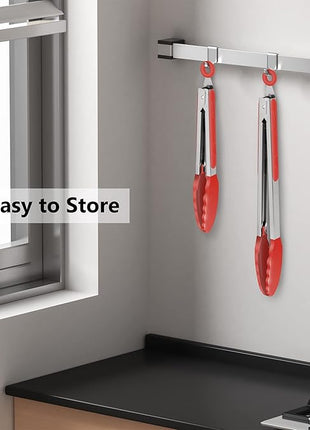 Set of 2 Kitchen Tongs 9-Inch & 12-Inch, Premium Stainless Steel BPA Free Silicone Non-Stick Grilling Barbeque Cooking Locking Food Tongs, Red