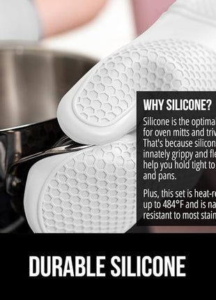 GORILLA GRIP BPA-Free Soft Silicone Oven Mitts and Pot Holders Sets of 4, Heat Resistant Waterproof Cooking Gloves, Thick Cotton Lining, Flexible Gripping for Baking Grilling, Kitchen Trivets, White