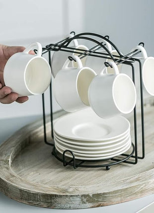 YHOSSEUN Espresso Cups Set with Saucers and Metal Stand Coffee Cup Set of 6 4 oz Cappuccino Cups Teacup for Tea Party - White