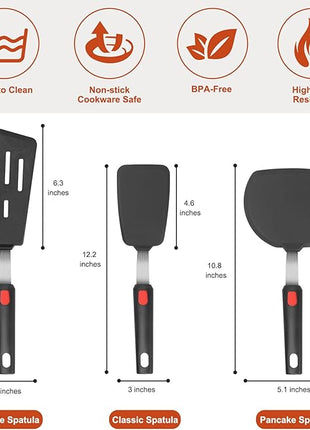 Hotec Silicone Spatula Turner for Nonstick Cookware, Cooking Spatulas 600°F Heat Resistant Large Flexible Rubber Spatula Set of 3, Kitchen Utensils for Flipping Eggs, Burgers, Pancakes, Crepes