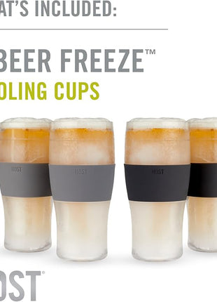 Host Freeze Beer Glasses, 16 ounce Freezer Gel Chiller Double Wall Plastic Frozen Pint Glass, Set of 4, Black and Grey