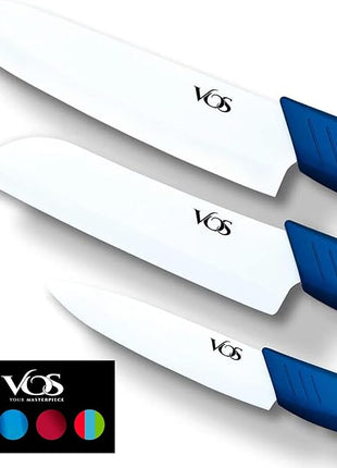 Vos Ceramic Knife Set in Elegant Gift Box, Ceramic Knives Set For Kitchen, Ultra Sharp Kitchen Knife Set with Covers, 4" 5" 6" Paring, Santoku & Chef Knife, Lightweight, Dishwasher safe (Blue Handle)