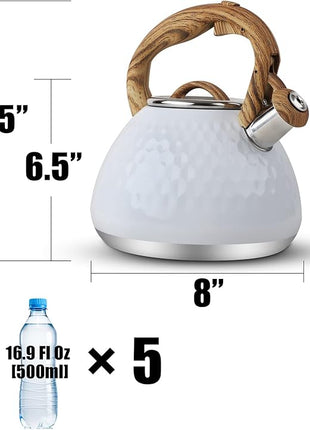 Tea Kettle, Toptier Teapot Whistling Kettle with Wood Pattern Handle Loud Whistle, Food Grade Stainless Steel Tea Pot for Stovetops Induction Diamond Design Water Kettle, 2.7-Quart White