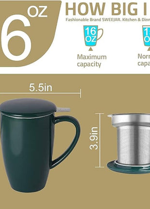 Sweejar Porcelain Tea Infuser Mug with Lid, 16 oz Teacup with Strainers for Loose Leaf Tea, Microwave and Dishwasher Safe Coffee Mug(New Jade)