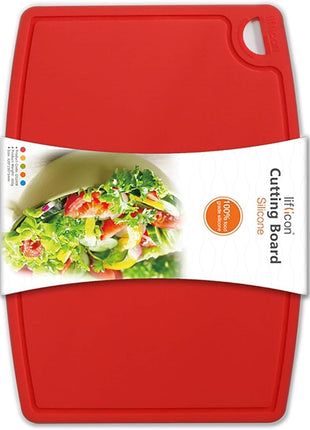 Liflicon Thick Silicone Cutting Board 12.6'' x 9.1'' Juice Grooves Easy Grip Handle Dishwasher Safe-Red