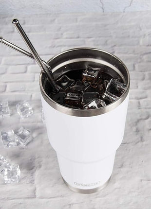 D·S 30oz White Tumbler Stainless Steel Double Wall Vacuum Insulated Mug with Straw and Lid, Cleaning Brush for Cold and Hot Beverages (30oz White)