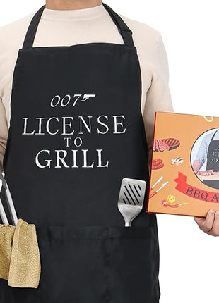 Black Grilling Apron with Pockets, Funny Cooking Apron for Kitchen, BBQ, Outdoor Use, One Size Fits All, Great Gift for Men – Dad, Husband, Boyfriend