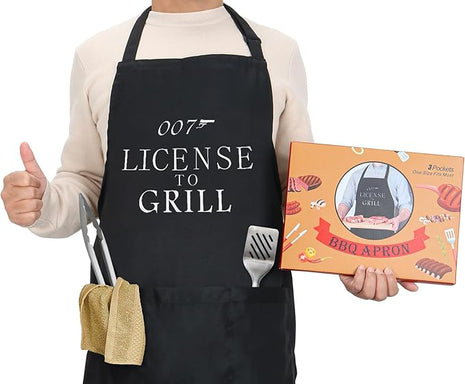 Black Grilling Apron with Pockets, Funny Cooking Apron for Kitchen, BBQ, Outdoor Use, One Size Fits All, Great Gift for Men – Dad, Husband, Boyfriend